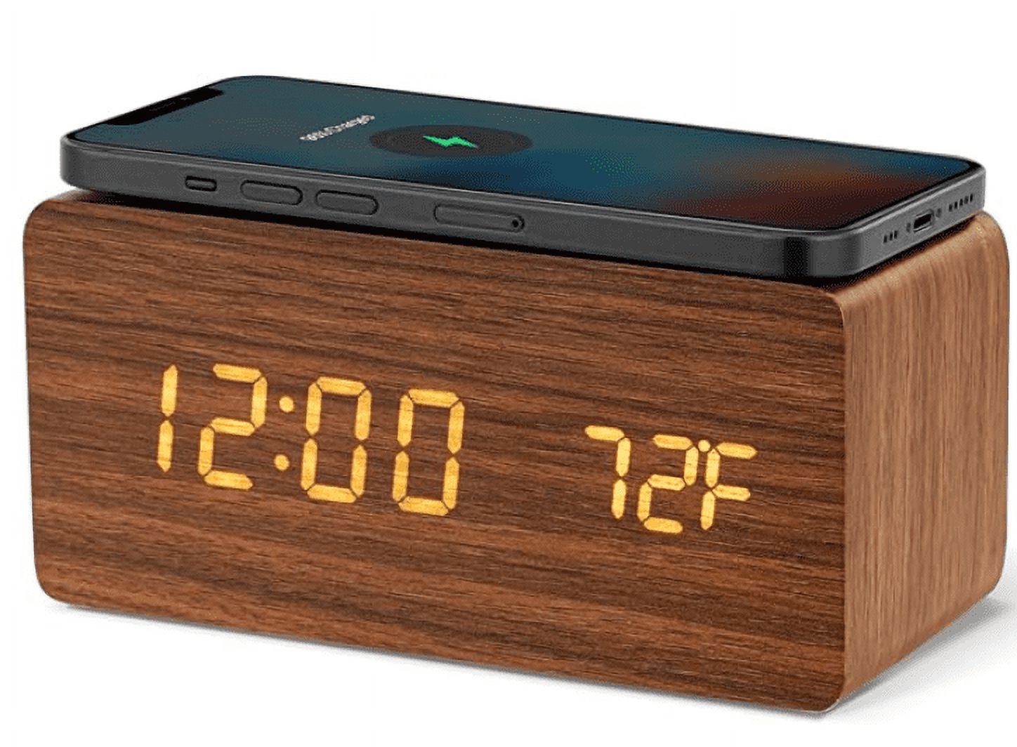 Wooden Alarm Clock, Wood LED Desk Clock, UPGRADED With Time Temperature, Adjustable Brightness