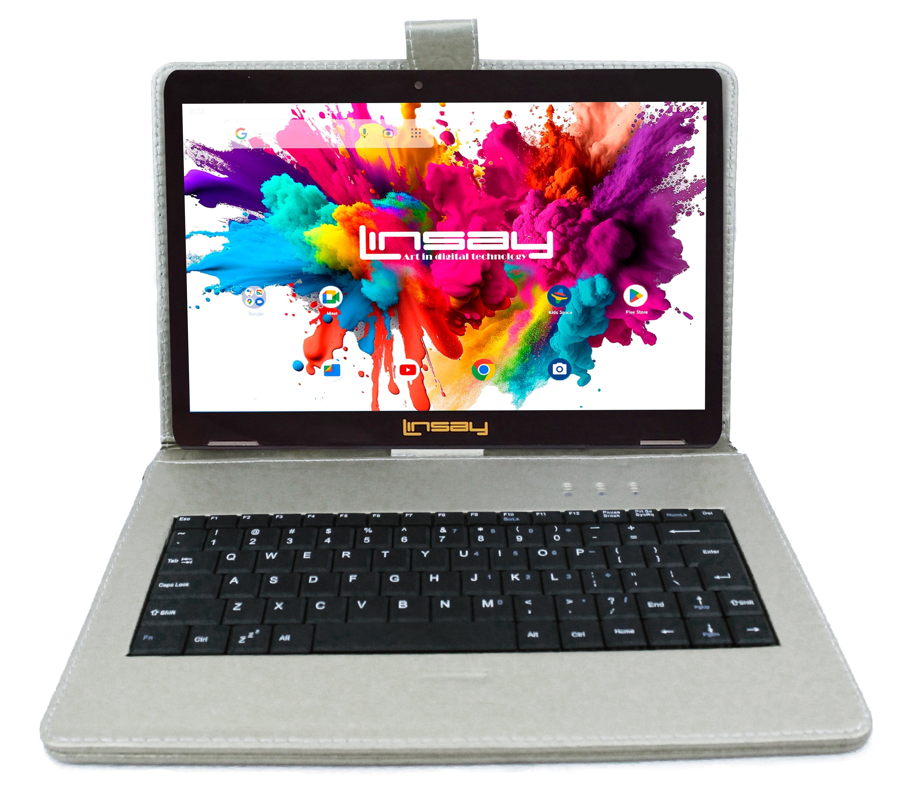 Linsay 10.1" Octa Core 4GB RAM 128GB Storage Android 15 Tablet with Silver Keyboard, Pop Holder and Pen Stylus