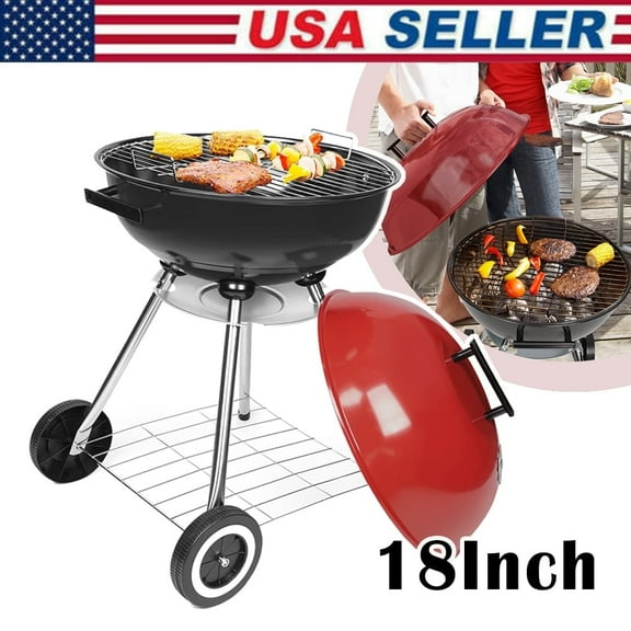 Linsen-outdoors Portable Charcoal Grill for Outdoor Picnic Camping Patio  Smoker Barbecue Oven with Wheels 18Inch Red