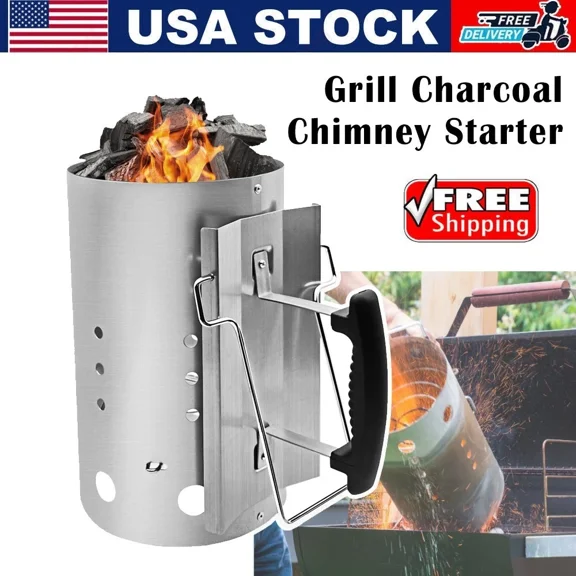 Linsen-outdoors Grill Charcoal BBQ Chimney Outdoors Grilling Quick Rapid Fire Briquette Starter with Safety Handle Silver
