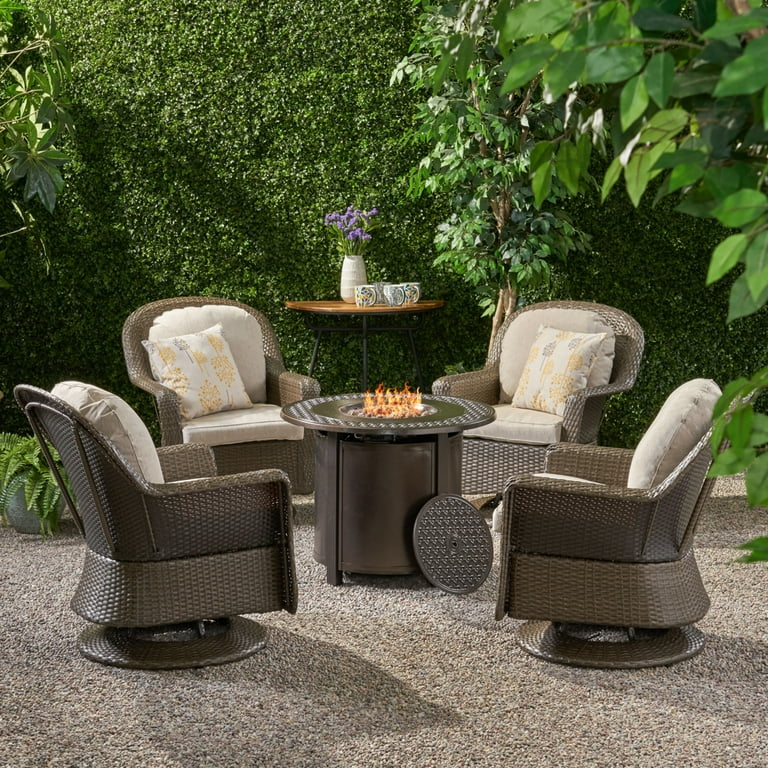 Linsten Outdoor Seater Wicker Swivel Chair and Fire Pit Set