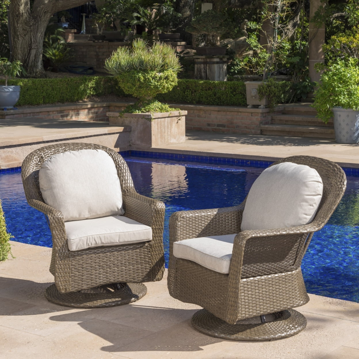 Linsten Brown Wicker Swivel Club Chairs with Gray Cushions, Set of 2