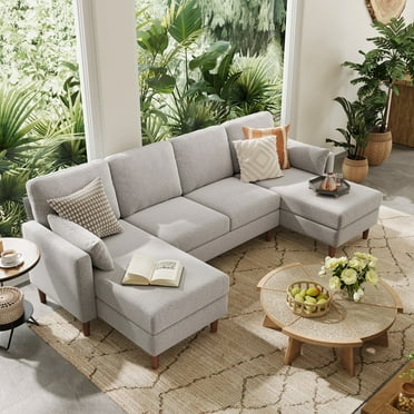 Linsy Home 101" Modular Sectional Couches for Living Room, U-Shaped Sectional Sofa with 2 Pillows, 4 Seat Oversized Sofa with Double Chaise, Light Gray Bouclé