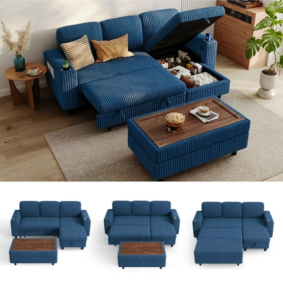 Linsy Home Plush Corduroy Sleeper Sofa Bed with Storage Seat, Pull Out Couch Bed with Multifunctional Storage Ottoman, L-Shaped Sectional Couches for Living Room, Apartment, Navy Blue