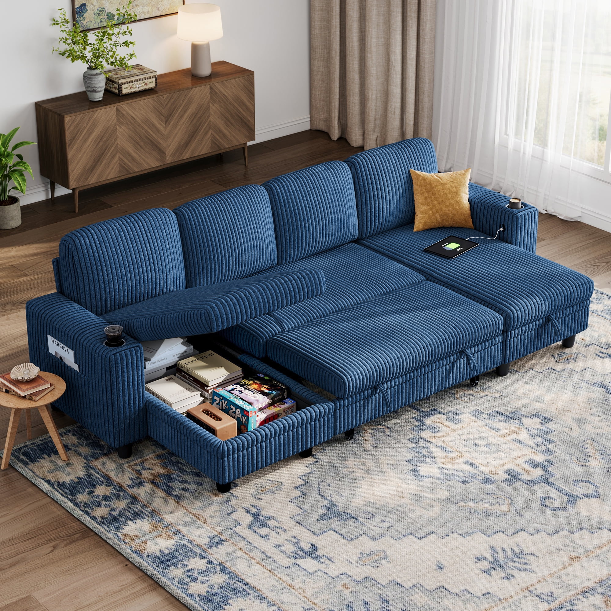 Linsy Home 106" Plush Corduroy Sleeper Sofa Bed with Storage Chaise ...