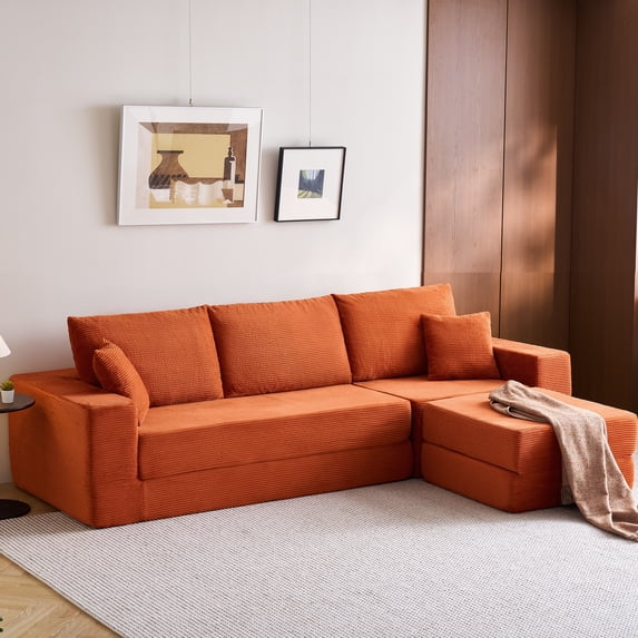 Linsy Home 110" 4-in-1 Convertible Sectional Cloud Couch for Living Room, Modular Sleeper Sofa Bed with 2 Pillows, No Assembly Required, Orange