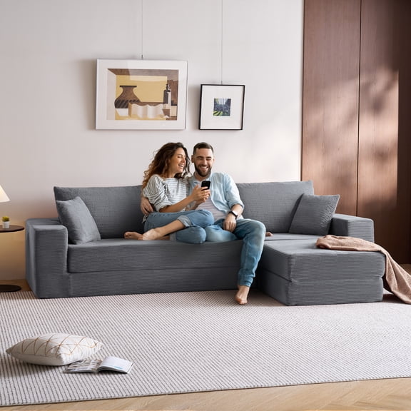 Linsy Home 110" Boneless Convertible Sleeper Sofa, 4-in-1 Modular Couch with Pillows, No Assembly Required, Grey