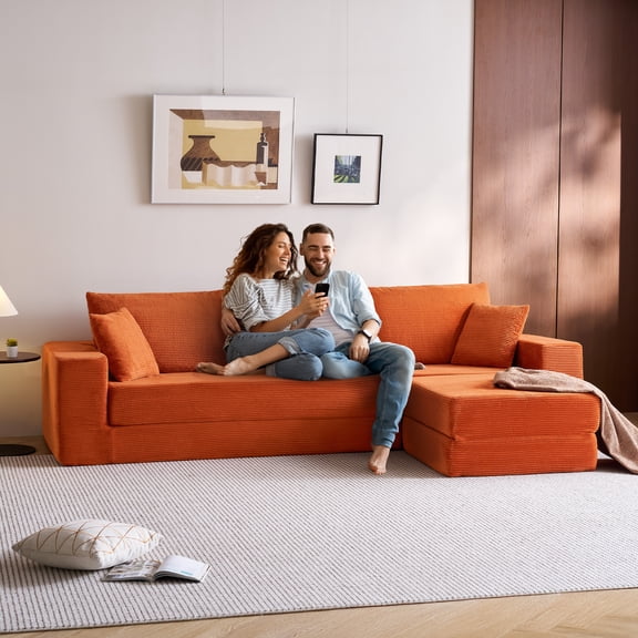 Linsy Home 110" Boneless Convertible Sleeper Sofa, 4-in-1 Modular Couch with Pillows, No Assembly Required, Orange
