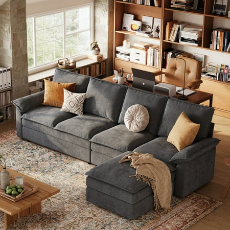 Linsy Home 113" Modular Sectional Couches for Living Room, L-Shaped Sectional Cloud Sofa with Movable Ottoman, Dark Gray