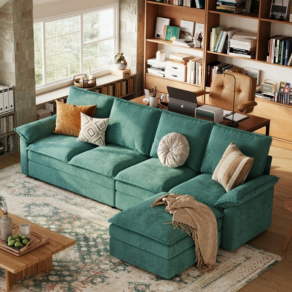 Linsy Home 113" Modular Sectional Couches for Living Room, L-Shaped Sectional Cloud Sofa with Movable Ottoman, Green