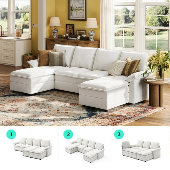 Linsy Home 115" Cloud Sectional Couches for Living Room, U-Shaped Sectional Sofa with Double Chaise, Beige
