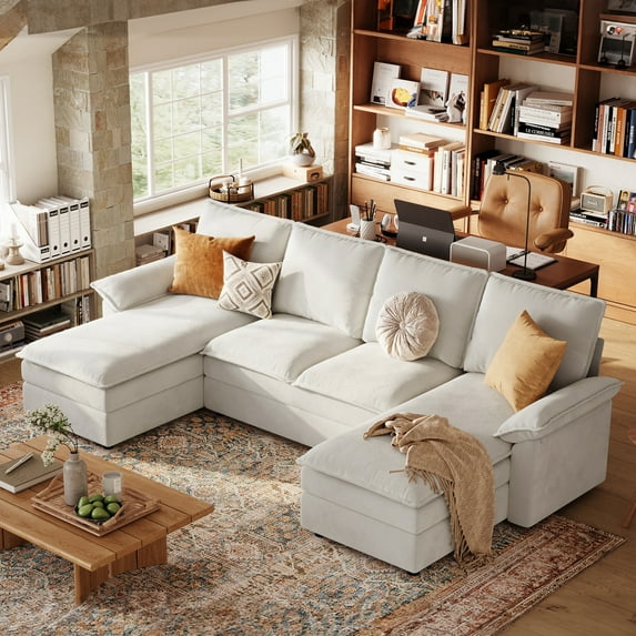 Linsy Home 115" Modular Sectional Couches for Living Room, U-Shaped Sectional Cloud Sofa with Double Chaise, Beige