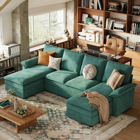 Linsy Home 115" Modular Sectional Couches for Living Room, U-Shaped Sectional Cloud Sofa with Double Chaise, Green