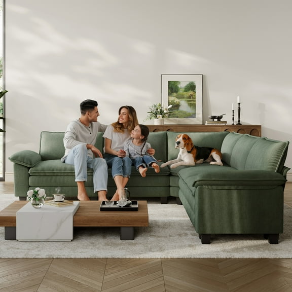Linsy Home 119" Cloud Modular Sectional Sofa for Living Room, V-Shaped Cloud Sofa Couch with Corduroy Fabric, 4 Seat Oversized Couch with Corner Seat, Green
