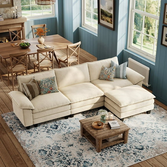 Linsy Home 123" Cloud Modular Sectional Sofa for Living Room, L-Shaped Cloud Sofa Couch with Corduroy Fabric, 3 Seat Oversized Couch with Movable Ottoman, Beige