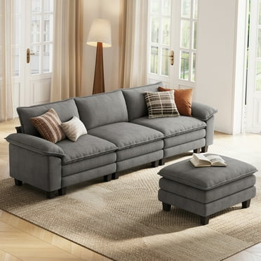 Linsy Home 123" Cloud Modular Sectional Sofa for Living Room, L-Shaped Cloud Sofa Couch with Corduroy Fabric, 3 Seat Oversized Couch with Movable Ottoman, Grey