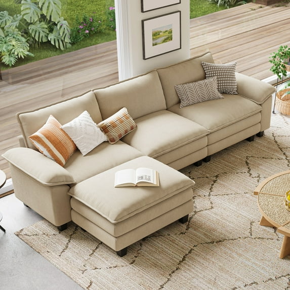 Linsy Home 123" Oversized Modular Sectional Sofa with Movable Ottoman, 3-Seat L Shaped Cloud Couch for Living Room, Beige