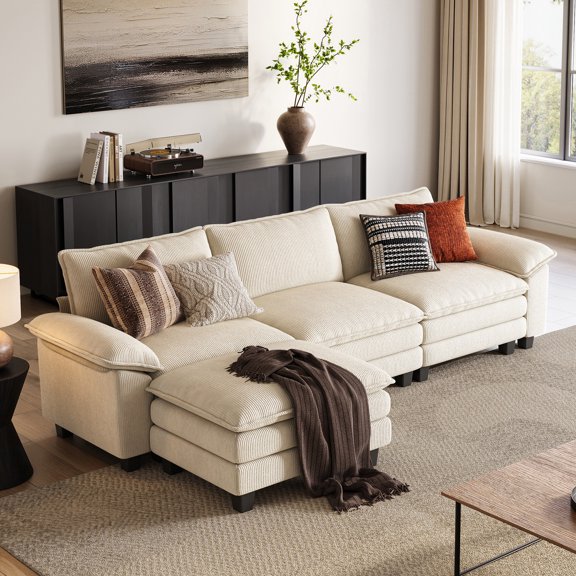 LINSY HOME Modular Sectional Sofa, 3-Seat L Shaped Cloud Couch with Movable Ottoman for Living Room, Beige