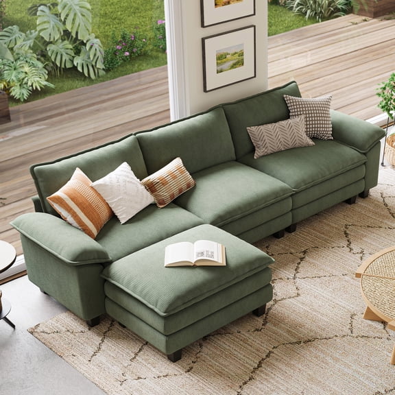 LINSY HOME Oversized Modular Sectional Sofa with Movable Ottoman, 3-Seat L Shaped Cloud Couch for Living Room, Green