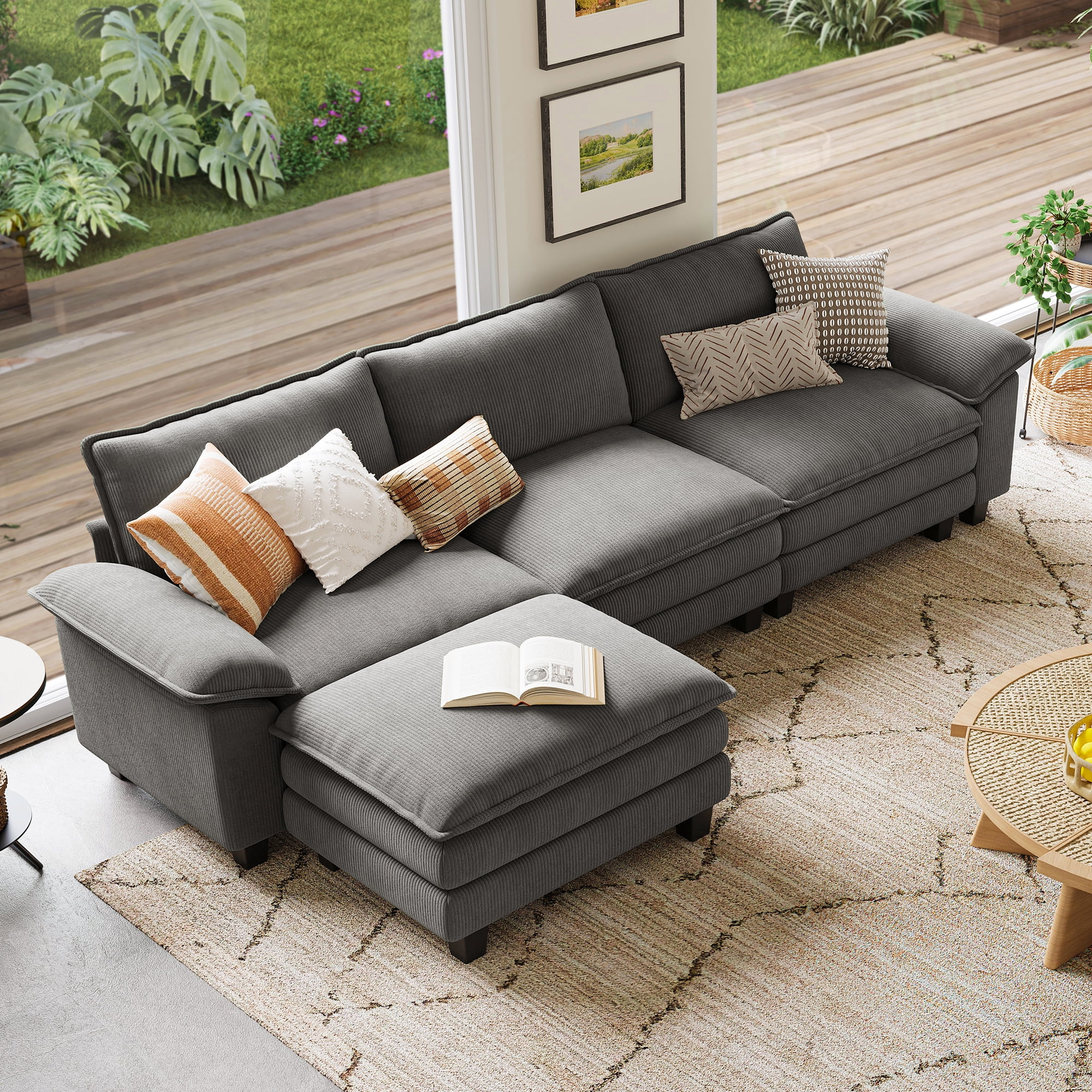 Linsy Home 123" Oversized Modular Sectional Sofa with Movable Ottoman ...