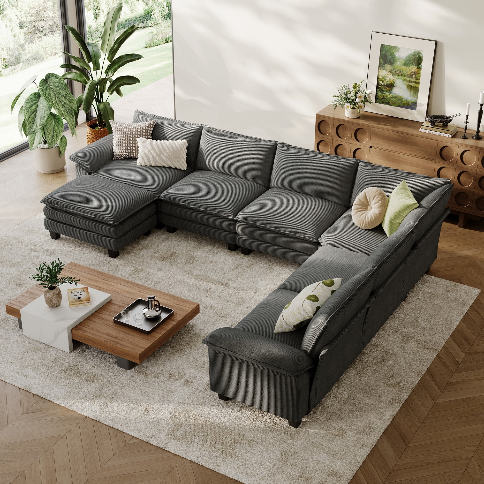 Linsy Home 153" Cloud Modular Sectional Sofa for Living Room, V-Shaped Cloud Sofa Couch with Corduroy Fabric, 5 Seat Oversized Couch with Corner Seat&Movable Ottoman, Grey