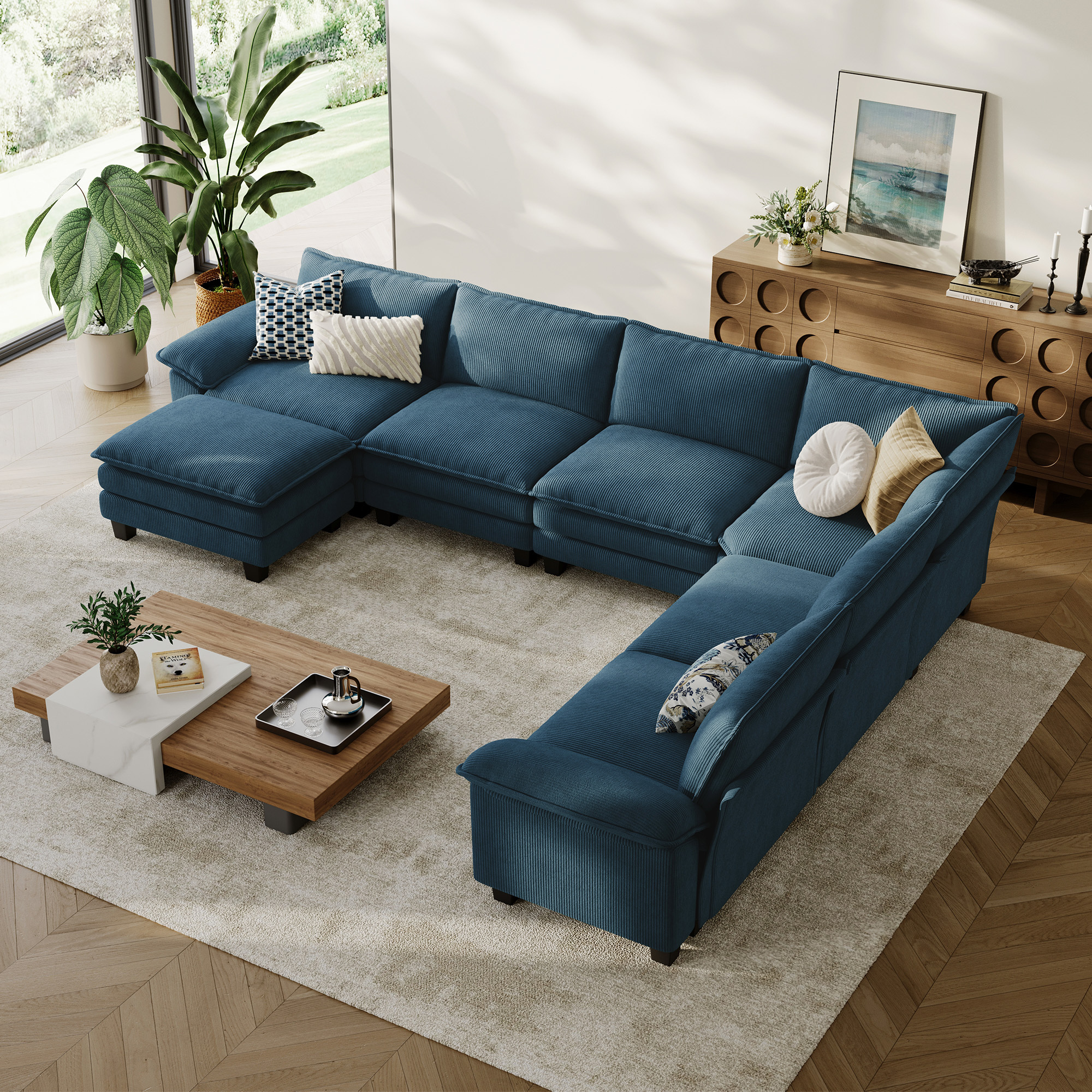 Linsy Home 153" Cloud Modular Sectional Sofa for Living Room, V-Shaped Cloud Sofa Couch with Corduroy Fabric, 5 Seat Oversized Couch with Corner Seat&Movable Ottoman, Blue
