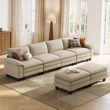 Linsy Home 157" Cloud Modular Sectional Sofa for Living Room, U-Shaped Cloud Sofa Couch with Corduroy Fabric, 4 Seat Oversized Couch with 2 Movable Ottomans, Beige