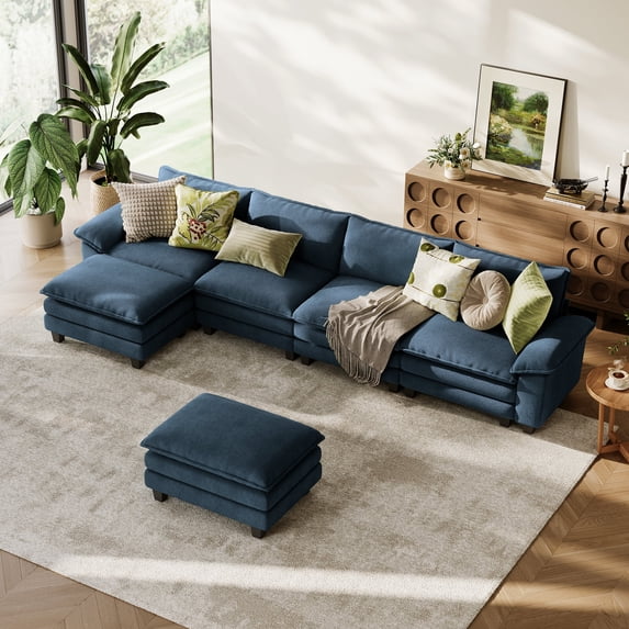 LINSY Home Modular Sectional Sofa for Living Room, U-Shaped Cloud Sofa Couch with Corduroy Fabric, 4 Seater Sofa Couch with 2 Ottomans, Blue