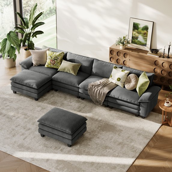 Linsy Home 157" Cloud Modular Sectional Sofa for Living Room, U-Shaped Cloud Sofa Couch with Corduroy Fabric, 4 Seat Oversized Couch with 2 Movable Ottomans, Grey