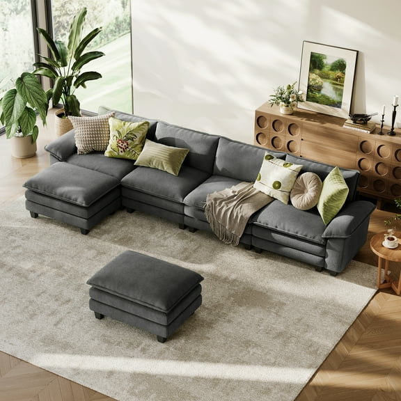 Linsy Home 157" Cloud Modular Sectional Sofa for Living Room, U-Shaped Cloud Sofa Couch with Corduroy Fabric, 4 Seat Oversized Couch with 2 Movable Ottomans, Grey