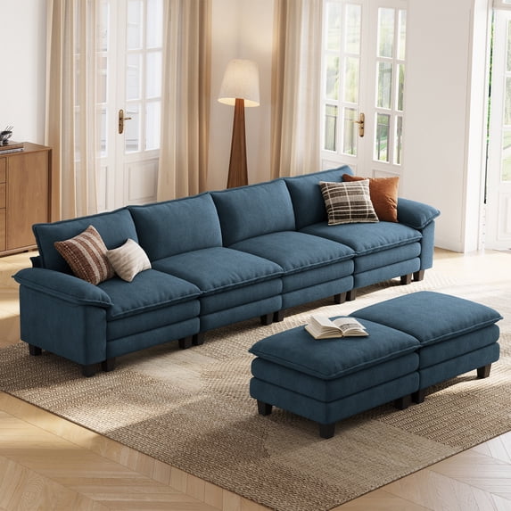 LINSY HOME Modular Sectional Sofa with 2 Movable Ottomans, 4-Seat U Shaped Cloud Couch for Living Room, Blue