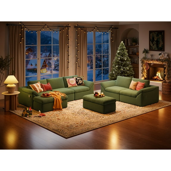 Linsy Home 2 Piece Sofa Set for Living Room, Cloud Modular Sectional Sofa with Deep Seating, Oversized Boneless Couch Set with Corduroy Fabric, Green