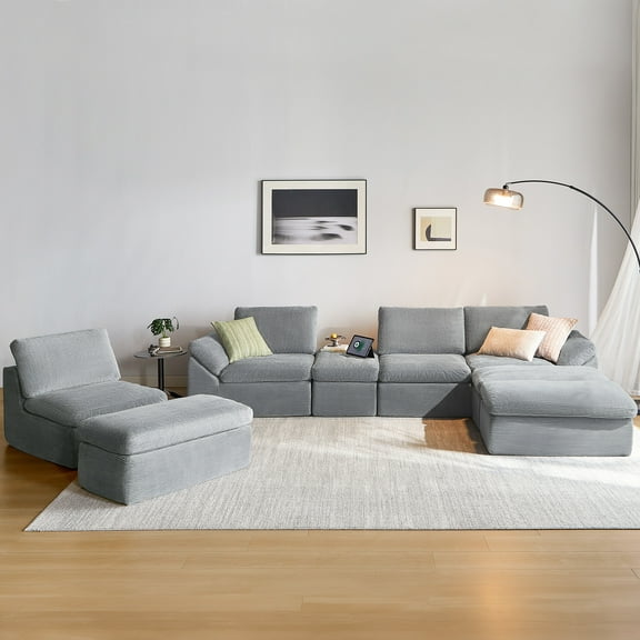 Linsy Home 2 Piece Sofa Set for Living Room, Cloud Modular Sectional Sofa with Deep Seating, Oversized Boneless Couch Set with Corduroy Fabric, Grey