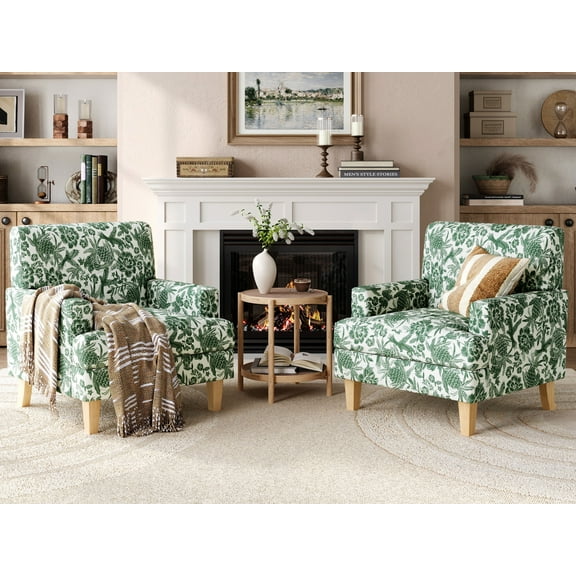 Linsy Home 30" Wide Traditional Tufted Upholstered Armchair Set of 2, Floral Accent Chair For Living Room, Bedroom, Reading, Green