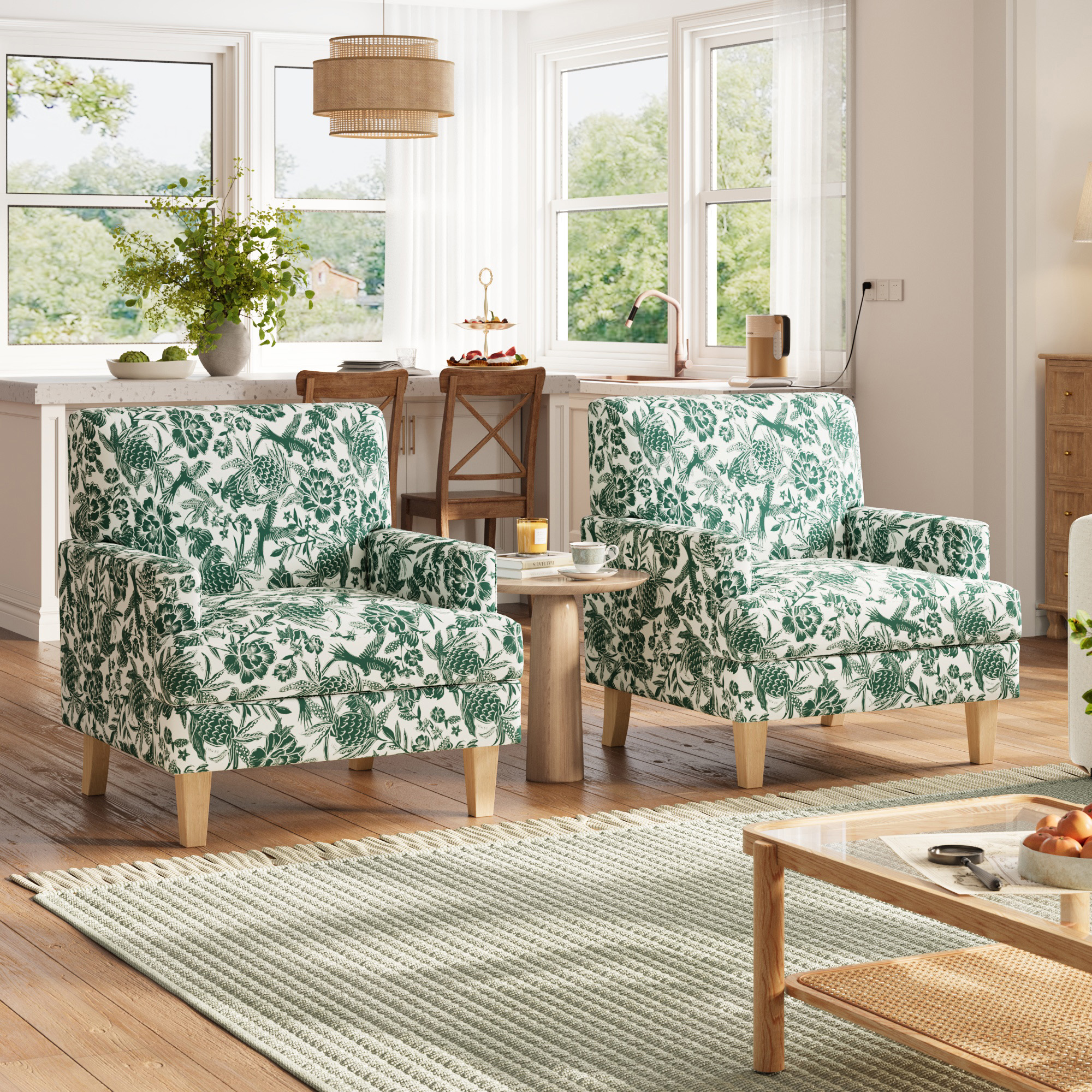 Linsy Home 30" Wide Traditional Tufted Upholstered Armchair Set of 2, Floral Accent Chair For Living Room, Bedroom, Reading, Green