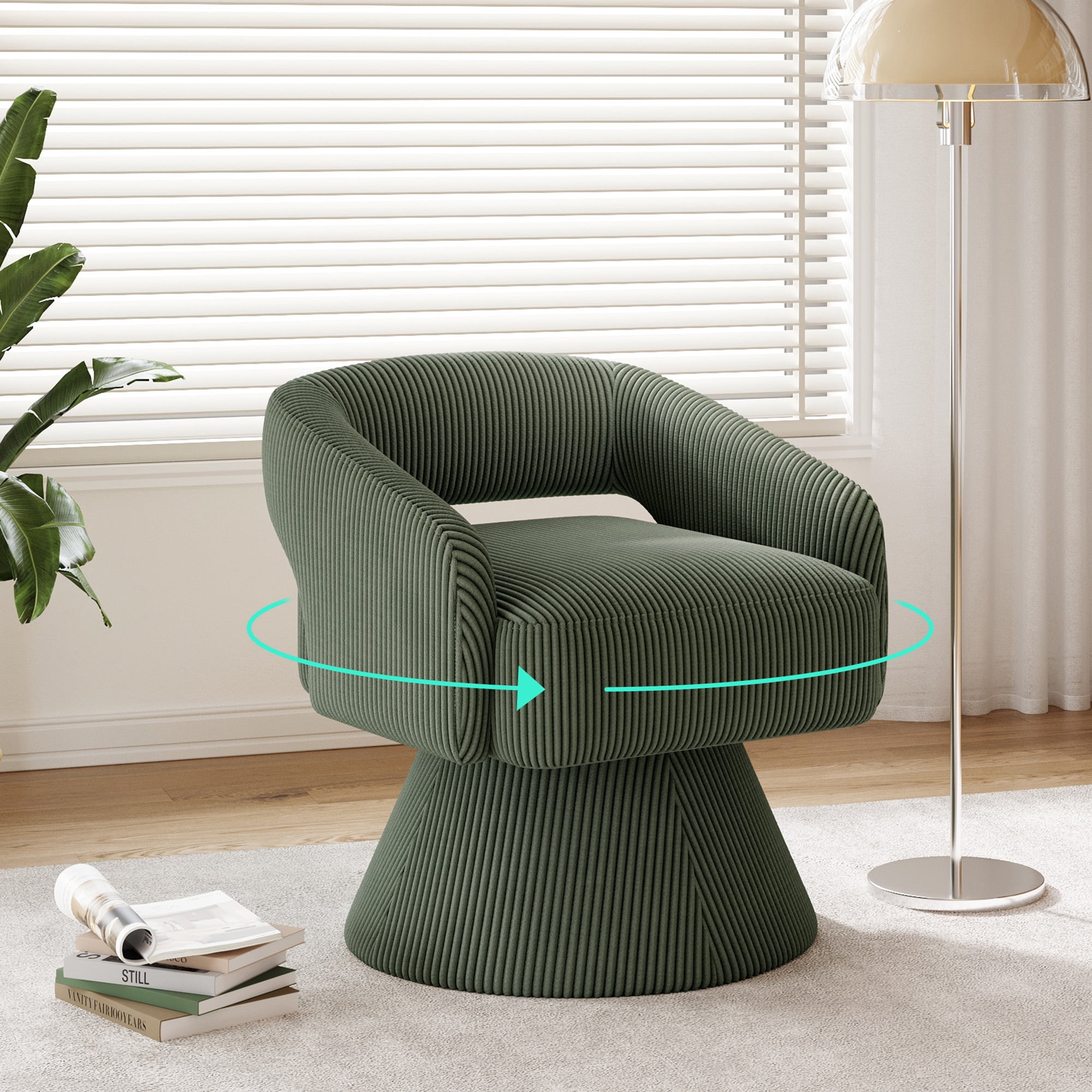 Linsy Home 360° Swivel Accent Chair, Modern Upholstered Barrel Chair for Living Room, Corduroy Green