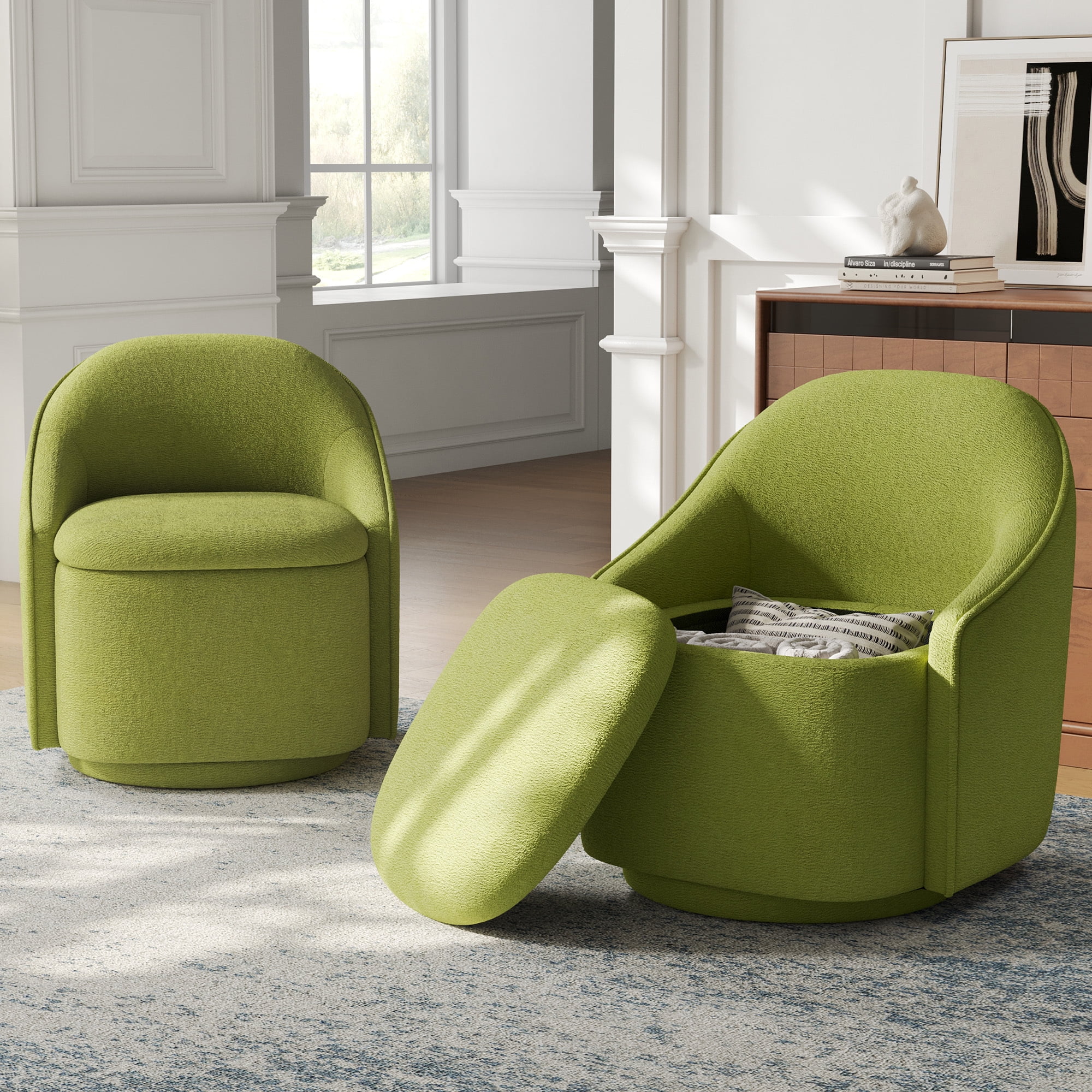 LINSY HOME 360° Swivel Accent Chair Set of 2 with Hidden Storage, Modern Upholstered Barrel Chair for Living Room, Bedroom, Green