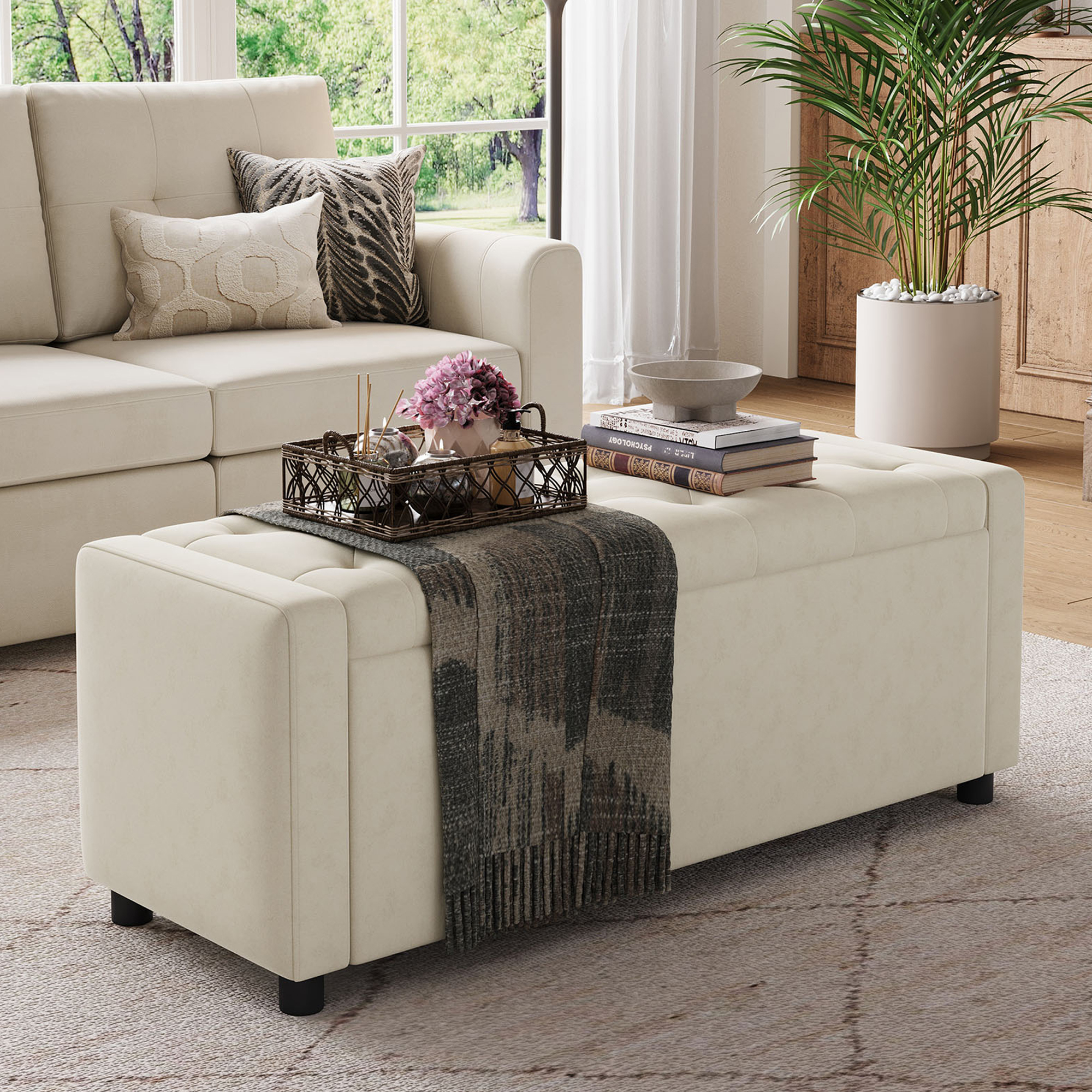 Linsy Home 50" Ottoman with Storage for Living Room, Velvet Storage Ottoman Bench with Gas Lift, Beige