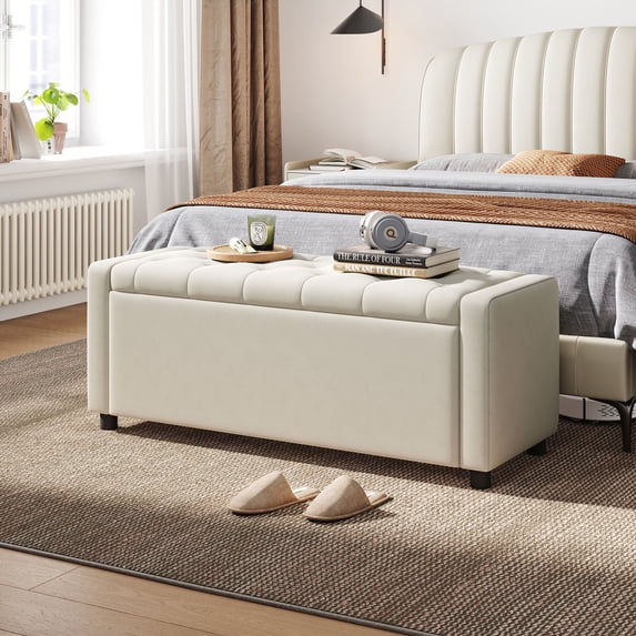 LINSY HOME 50" Ottoman with Storage for Living Room, Velvet Storage Ottoman Bench with Gas Lift, Beige