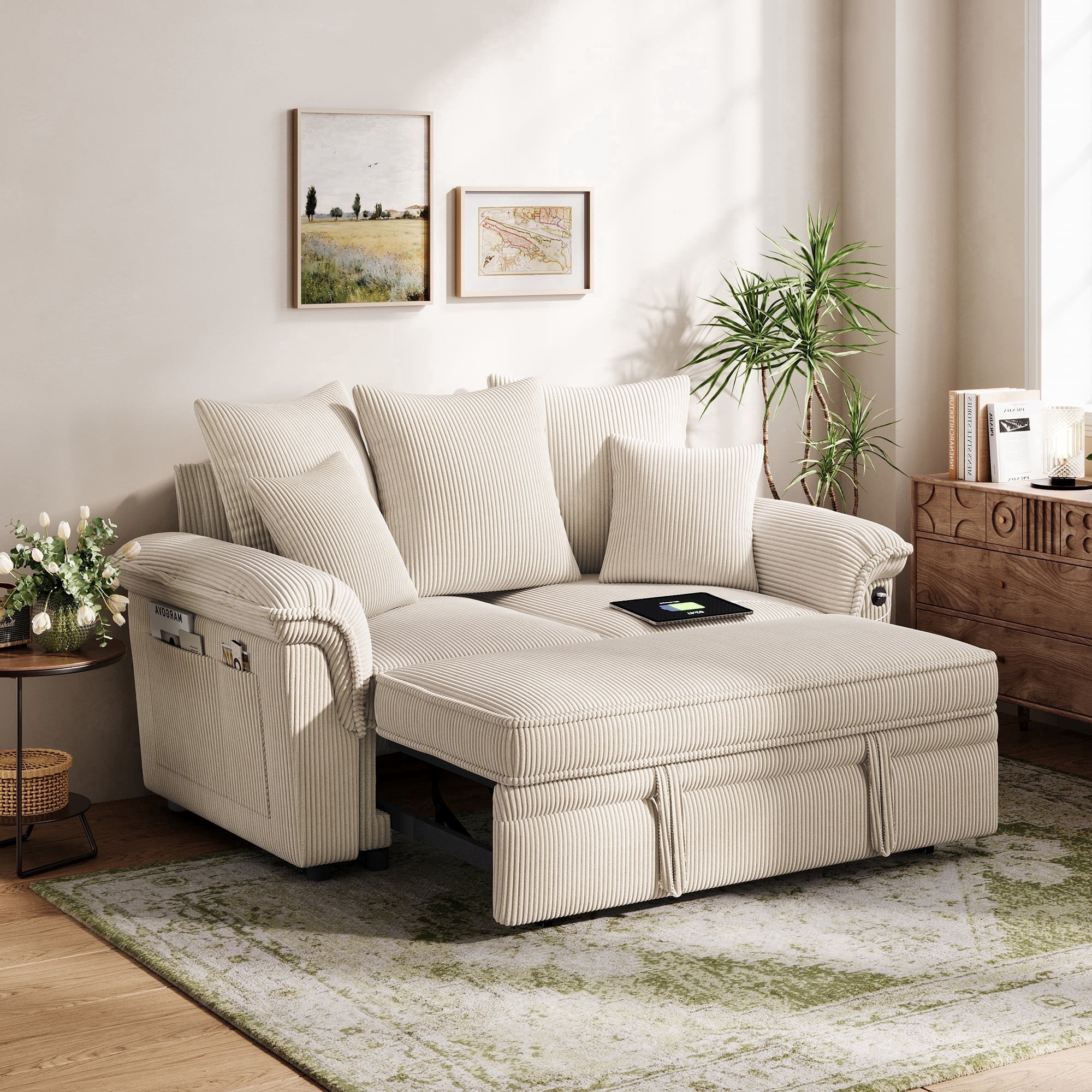 LINSY HOME Modular Sectional Sofa, Pull Out Couch Chaise Lounge, Convertible Loveseat Sofa Couch with Usb & Two Pillows, Beige