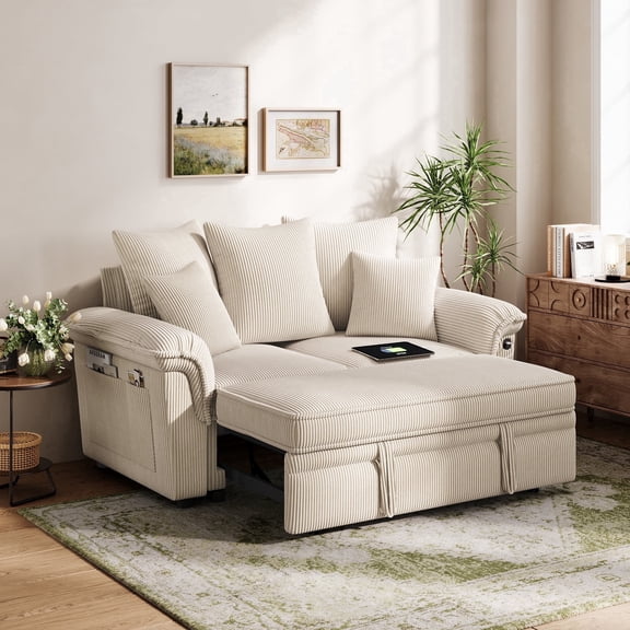 LINSY HOME 62.5" Sectional Sleeper Sofa With Pull Out Bed, Pull Out Couch Corduroy Sofa Bed With USB Charging & Two Pillows, Beige