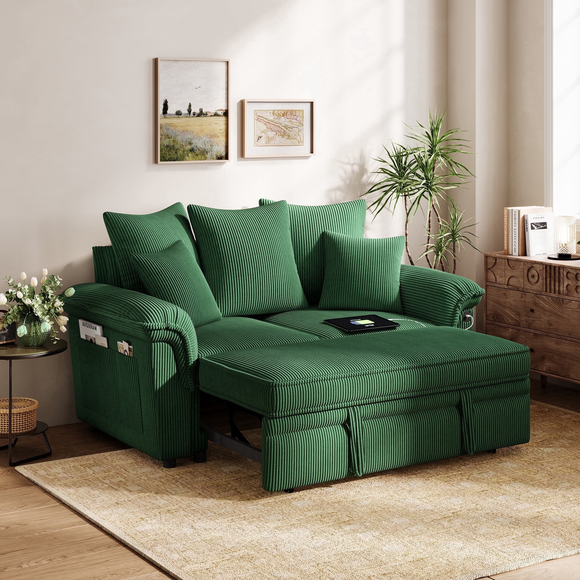 LINSY HOME Modular Sectional Sofa, 63" Pull Out Couch Chaise Lounge, Convertible Loveseat Sofa Couch with Usb & Two Pillows, Green