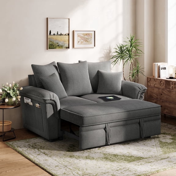 LINSY HOME Modular Sectional Sofa, Convertible Loveseat Sofa Couch, 63" Pull Out Couch Chaise Lounge with Usb & Two Pillows, Gray