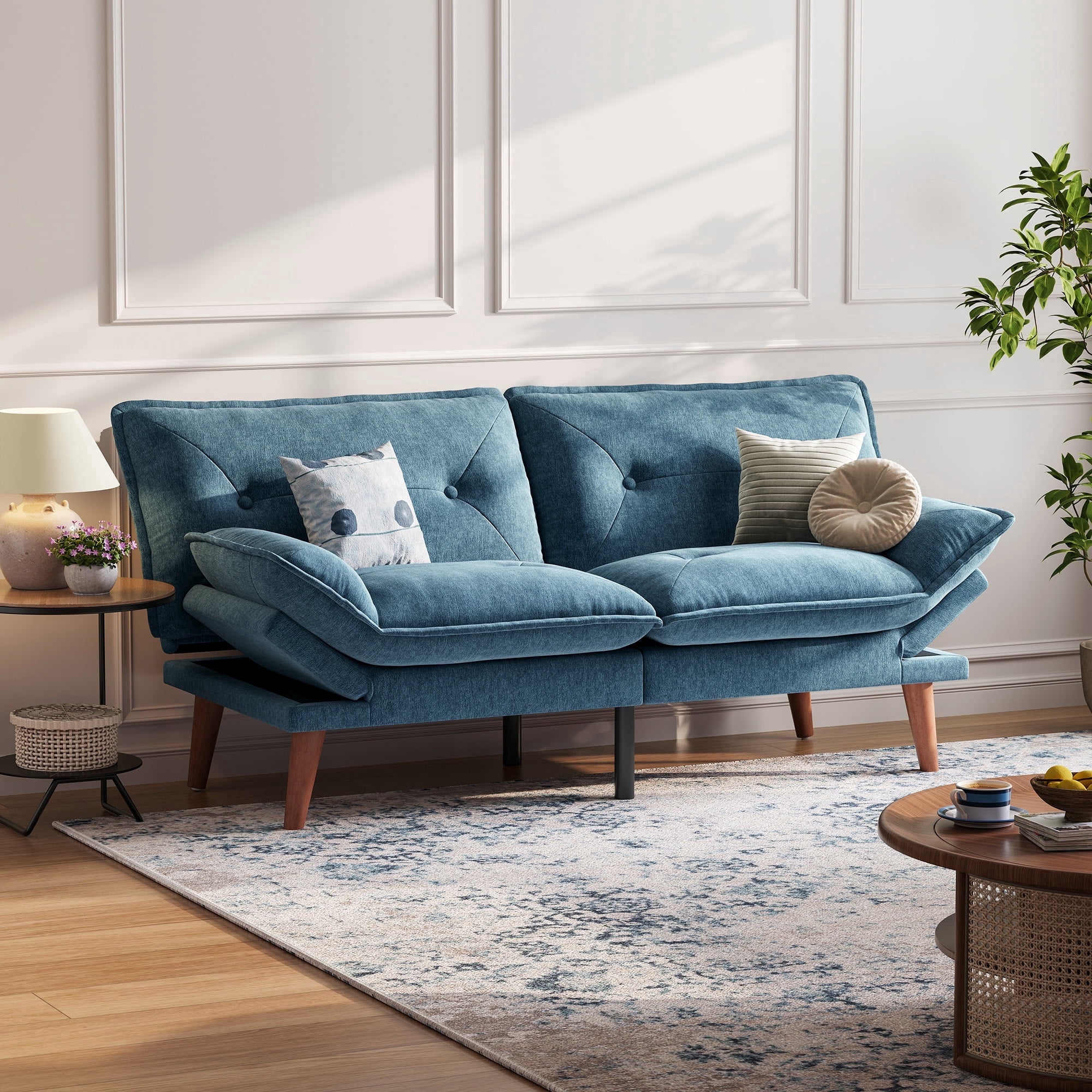 LINSY HOME Futon Sofa, Modern Sofa  Bed with Adjustable Armrests for Small Place and Apartment, Blue