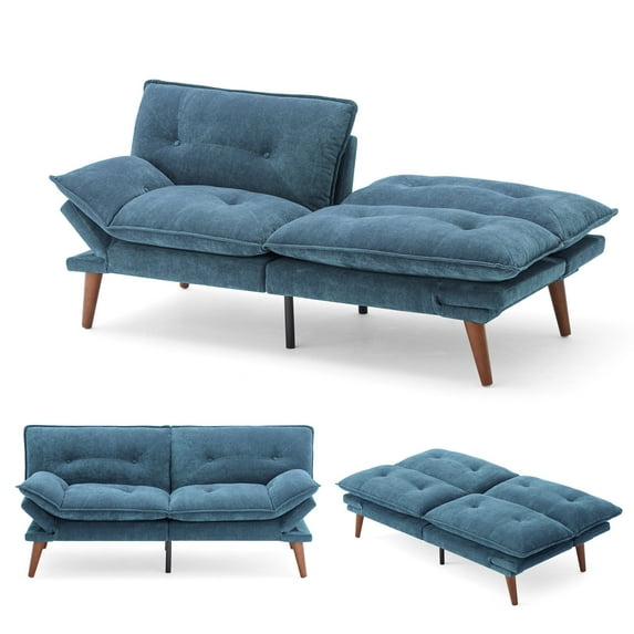 Linsy Home 70" W Chenille Convertible Futon Sofa Bed with Adjustable Armrests, Blue