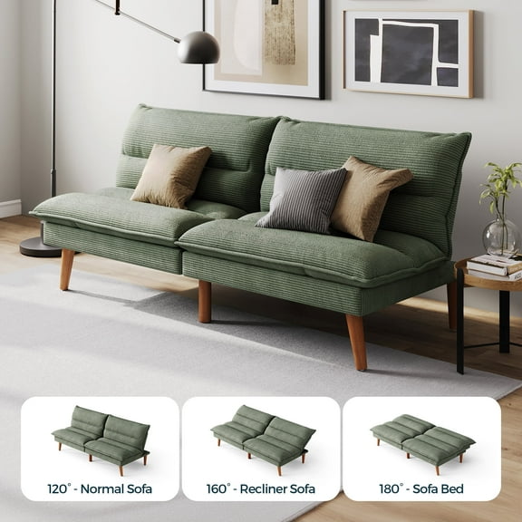 Linsy Home 71" W Corduroy Convertible Futon Sofa Bed, Army Green