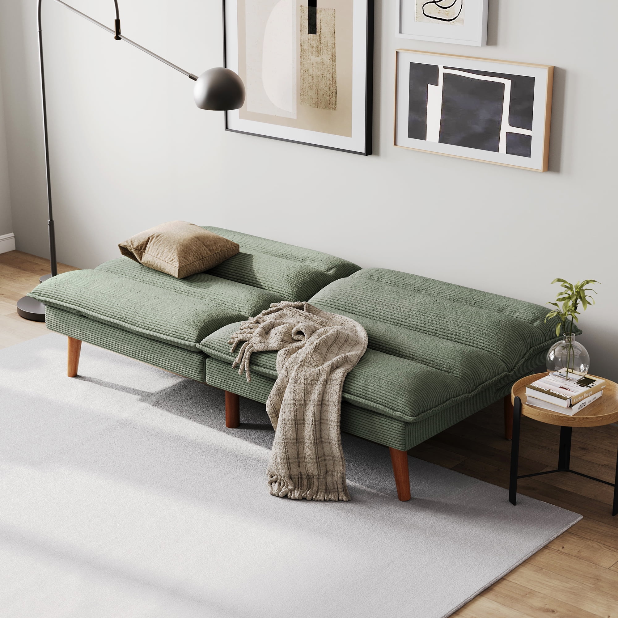 Linsy Home Futon Sofa Bed, Solid Wood  Legs Sofa Bed for Living Room, Green