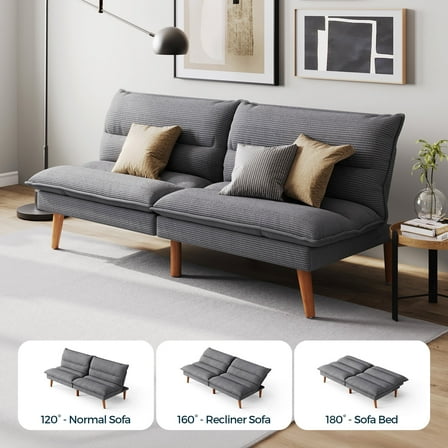 Linsy Home 71" W Corduroy Convertible Futon Sofa Bed, Dark Gray