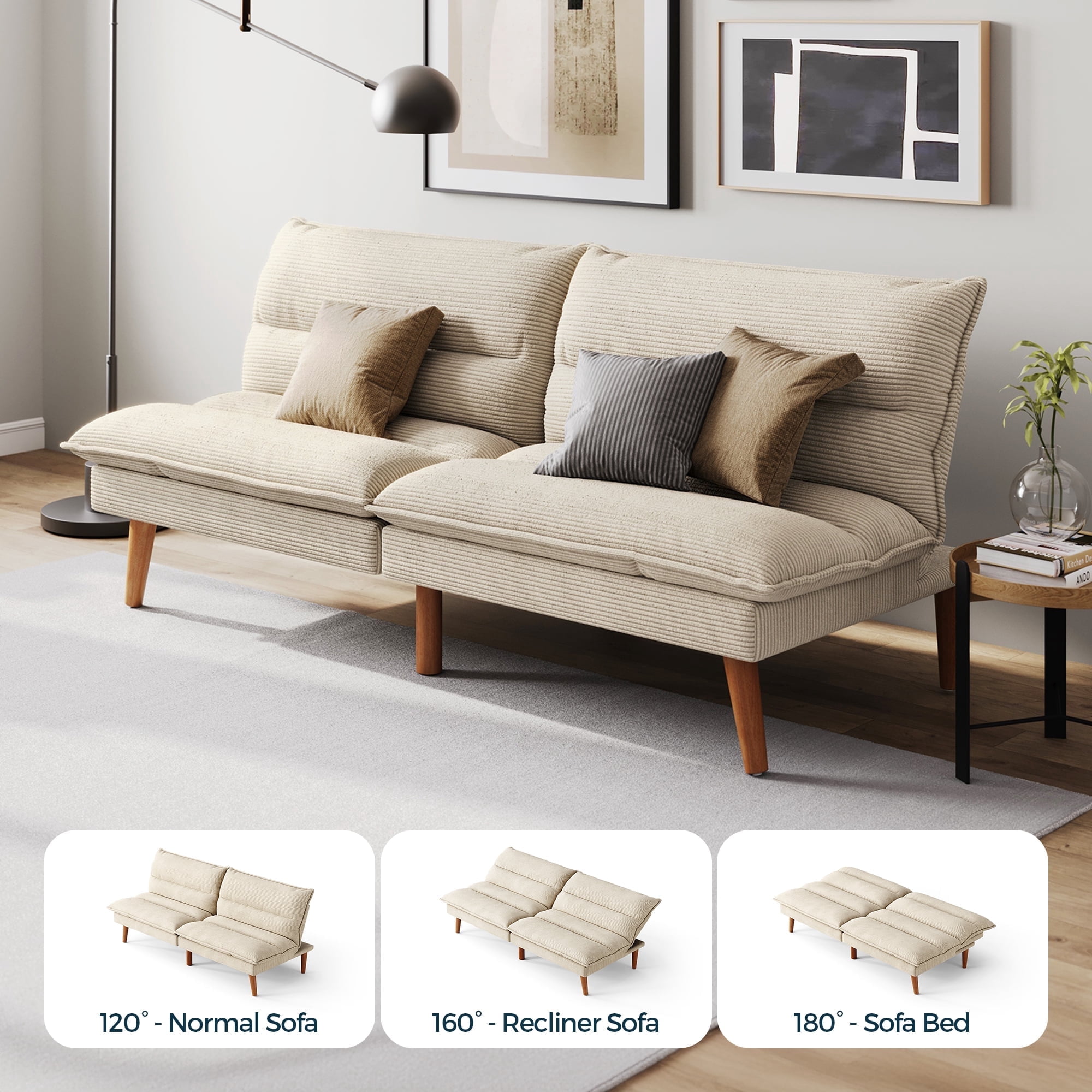 Linsy Home Convertible Futon Sofa Bed, Wooden Arms, 100% Corduroy, 75"W x 21"D x 23.30"H, White