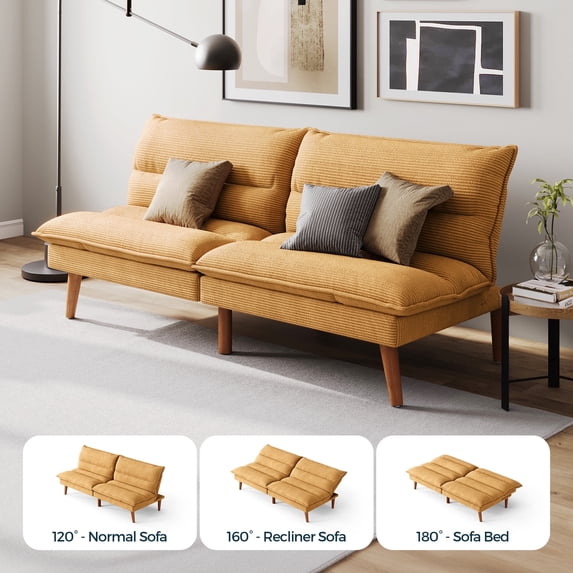 LINSY HOME Convertible Futon Sofa Bed, Convertiable Sofa Bed, Corduroy Material Yellow